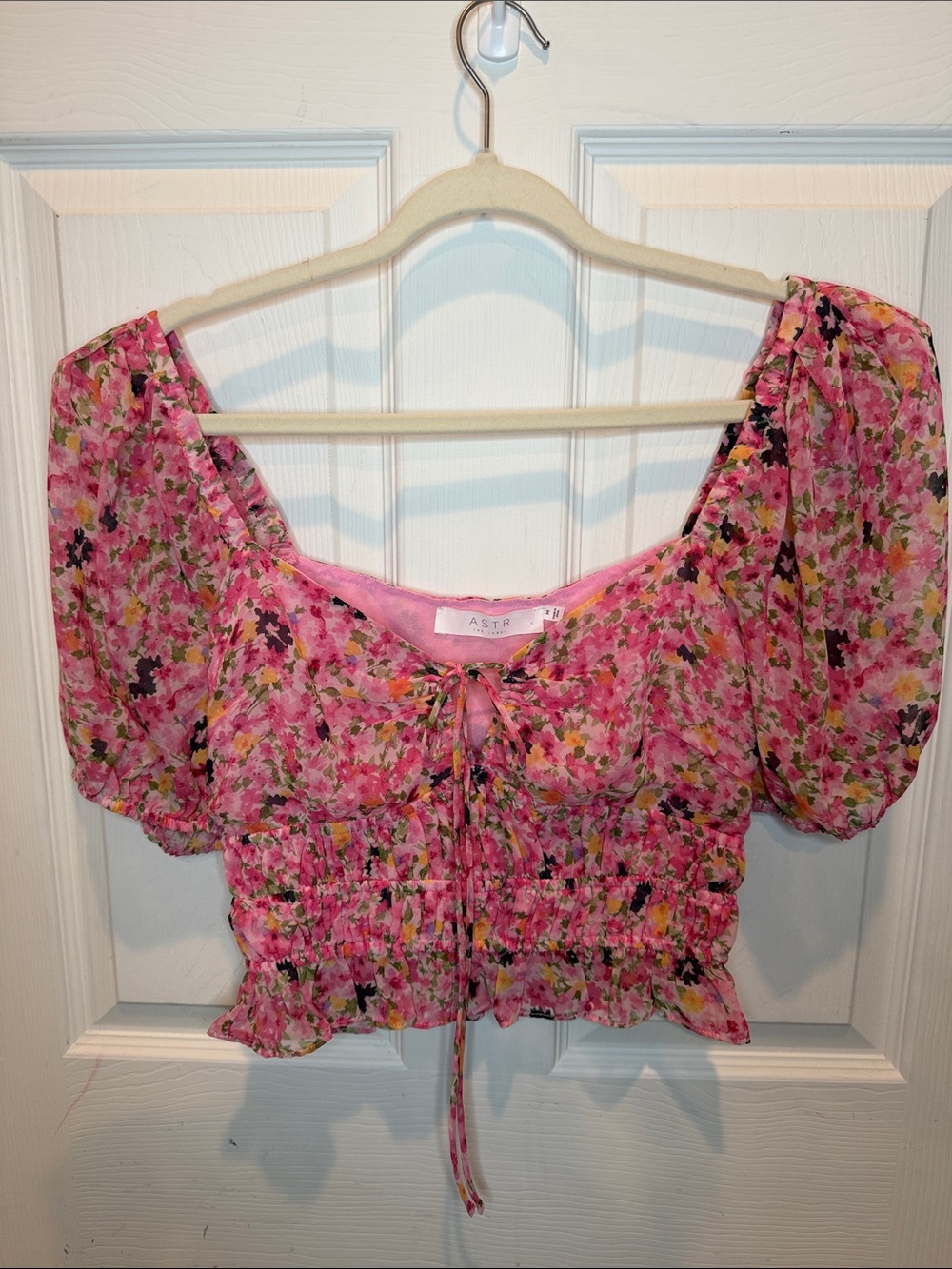 ASTR Pink Multi Floral Smocked Tie-Front Crop Top